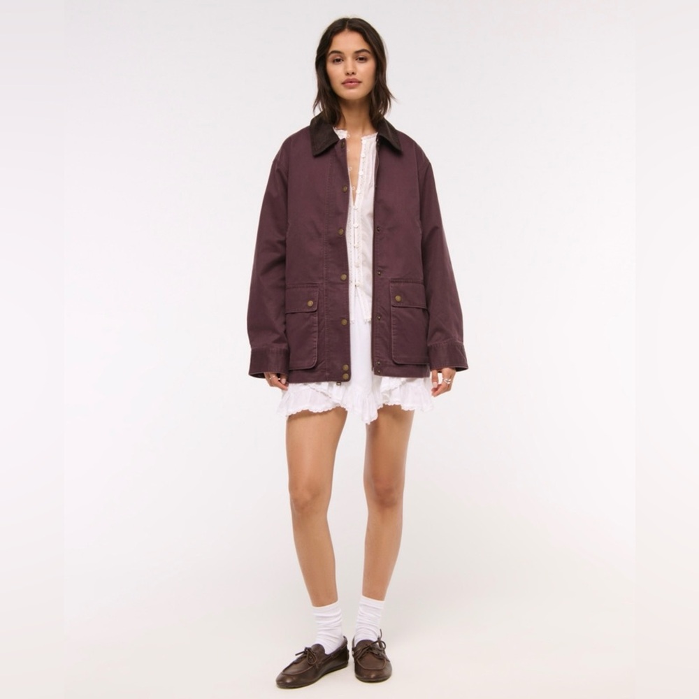 Abercrombie & Fitch Mid-Length Waxed Barn Jacket - Size S - Burgundey - Picture 3 of 8